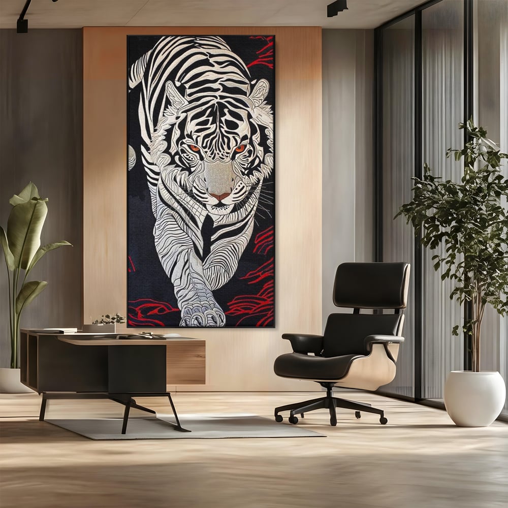 Tablou Canvas Vertical cu Tigru Alb pe Fundal Negru, Negru si Alb, M1429